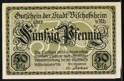 Notgeld Bischofsheim / Rhön, 50 Pfennig, Burgruine und Stadtwappen, Nr. 18593