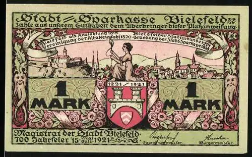 Notgeld Bielefeld 1921, 1 Mark, Stadt-Sparkasse, Jubiläum 700 Jahre Stadtgründung