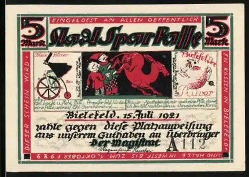 Notgeld Bielefeld 1921, 5 Mark, Stadtsparkasse, rote und grüne Illustrationen mit Text und Figuren Motiv