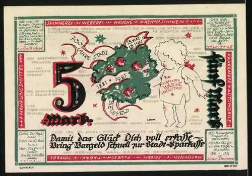 Notgeld Bielefeld 1921, 5 Mark, Stadtsparkasse, rote und grüne Illustrationen mit Text und Figuren Motiv