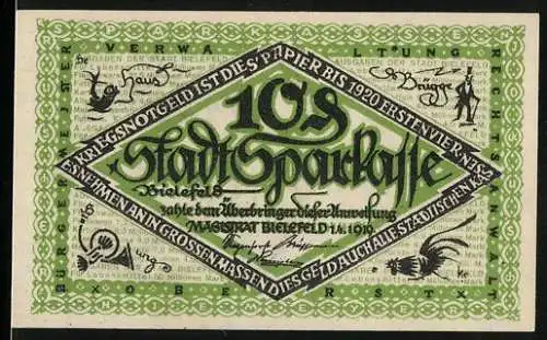 Notgeld Bielefeld 1918, 10 Pfennig, grüne Verzierung mit Text und Illustrationen