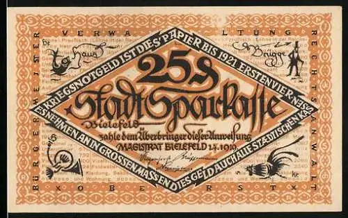 Notgeld Bielefeld, 1919, 25 Pfennig, Stadt-Sparkasse mit Kriegsplatz-Anweisung und Seriennummer 163282