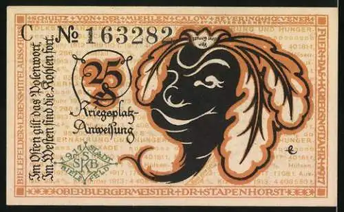 Notgeld Bielefeld, 1919, 25 Pfennig, Stadt-Sparkasse mit Kriegsplatz-Anweisung und Seriennummer 163282