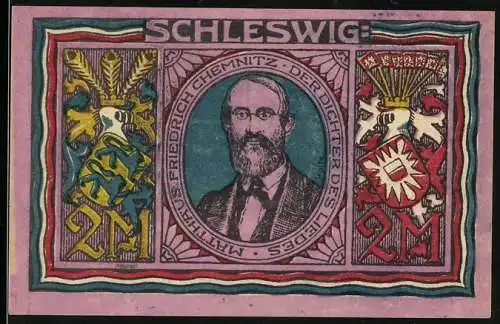 Notgeld Altona 1922, 2 Mark, Matthias Friedrich Chemnitz Porträt, farbenfrohe Gestaltung