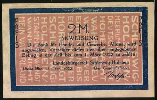 Notgeld Altona 1922, 2 Mark, Matthias Friedrich Chemnitz Porträt, farbenfrohe Gestaltung