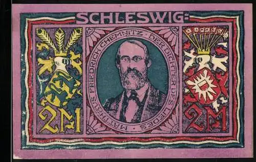 Notgeld Altona 1922, 2 Mark, Matthias Friedrich Chemnitz Portrait und Wappen, Anweisung auf Rückseite