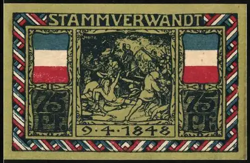 Notgeld Altona 1922, 75 Pf, Stammverwandt, 9.4.1848, historische Szene mit Flaggen und Rahmen