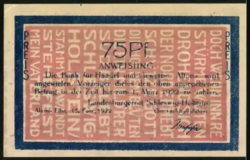 Notgeld Altona 1922, 75 Pf, Stammverwandt, 9.4.1848, historische Szene mit Flaggen und Rahmen