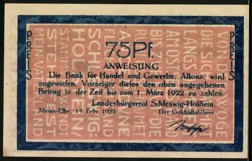 Notgeld Altona - Elbe 1922, 75 Pf, Wanke nicht, 18.4.1864, Anweisung der Bank für Handel und Gewerbe