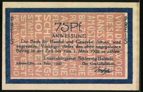 Notgeld Altona, 1922, 75 Pf, Wanke nicht, 18.4.1864, Anweisung für Schleswig-Holstein