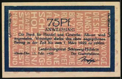 Notgeld Altona 1922, 75 Pf, Wanke nicht Illustration und Zahlungsanweisung