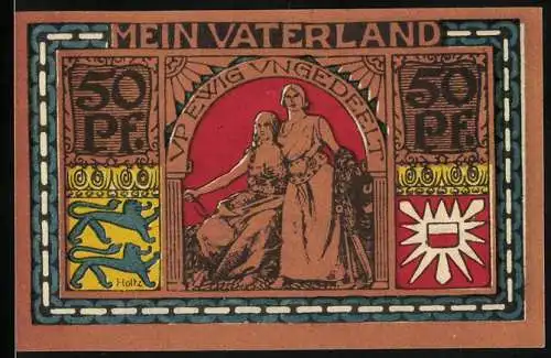 Notgeld Altona 1922, 50 Pf, Mein Vaterland, beidseitig bedruckt mit Frauenfiguren und Textanweisungen