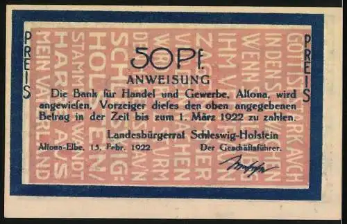 Notgeld Altona 1922, 50 Pf, Mein Vaterland, beidseitig bedruckt mit Frauenfiguren und Textanweisungen