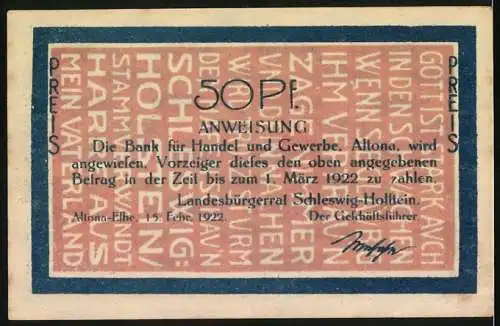 Notgeld Altona 1922, 50 Pfennig, Mein Vaterland und Anweisung der Bank für Handel und Gewerbe