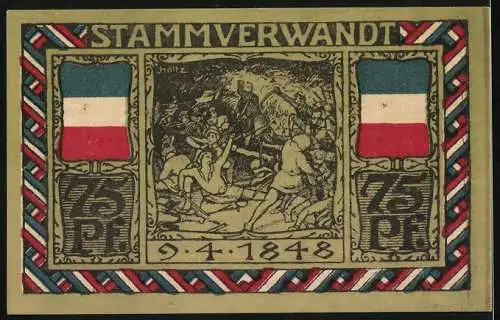 Notgeld Altona - Elbe 1922, 75 Pf, Landesbürgerrat Schleswig-Holstein, Stammverwandt 9.4.1848, farbige Zeichnung