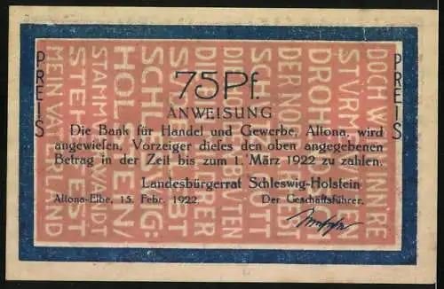 Notgeld Altona 1922, 75 Pf, Stammverwandt und Landesbürgerrat Schleswig-Holstein