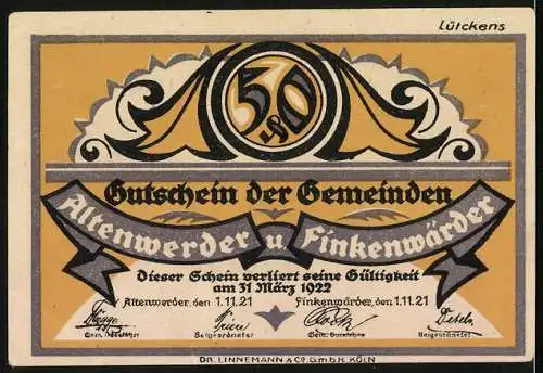 Notgeld Altenwerder 1921, 50 Pfennig, Gedenkschein Josef Fook, Landschaftsszene mit Boot und Fischer