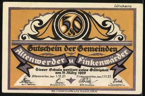 Notgeld Altenwerder 1921, 50 Pfennig, Darstellung eines Milchmanns mit Stadthintergrund