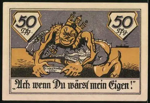 Notgeld Altenwerder 1921, 50 Pf., Gutschein der Gemeinden, Motiv mit Monster und Spruch