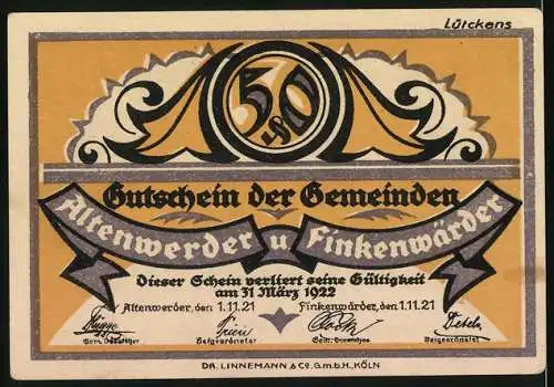 Notgeld Altenwerder 1921, 50 Pfennig, Illustration von Hamburg und Umgebung mit Text