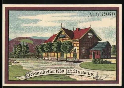 Notgeld Friedrichroda 1921, 50 Pfennig, Felsenkeller 1830 jetz. Kurhaus, 1. Thüringer Landwirtschafts-Ausstellung