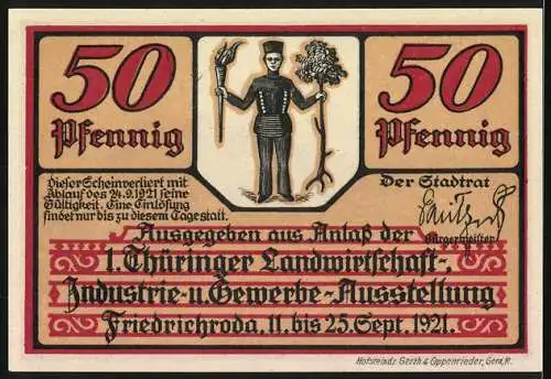 Notgeld Friedrichroda 1921, 50 Pfennig, Felsenkeller 1830 jetz. Kurhaus, 1. Thüringer Landwirtschafts-Ausstellung