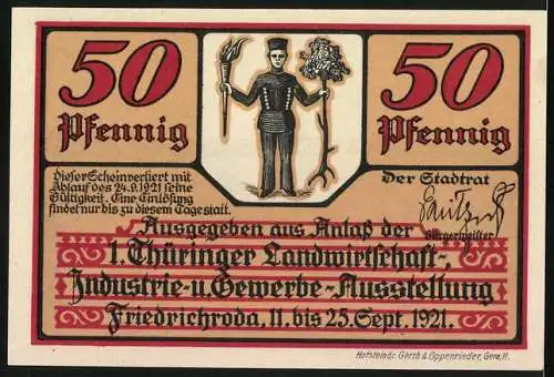 Notgeld Friedrichroda 1921, 50 Pfennig, Thüringer Landwirtschafts-Industrie-u. Gewerbe-Ausstellung