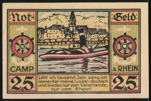 Notgeld Camp am Rhein, 1921, 2.5 Mark, Landschaft mit Kirchenansicht und Boot auf dem Rhein