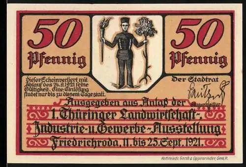 Notgeld Friedrichroda 1921, 50 Pfennig, 1. Thüringer Landwirtschafts-, Industrie- u. Gewerbe-Ausstellung, Kirche