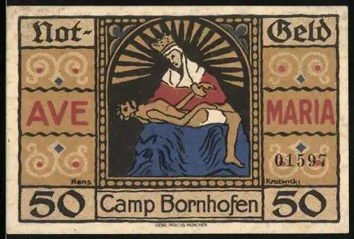 Notgeld Camp Bornhofen, 1921, 50 Pfennig, AVE MARIA Darstellung, Burgcamp Motiv rückseitig