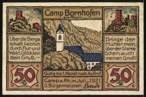 Notgeld Camp Bornhofen, 1921, 50 Pfennig, AVE MARIA Darstellung, Burgcamp Motiv rückseitig