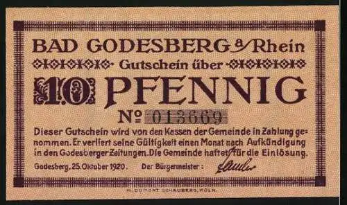 Notgeld Bad Godesberg 1920, 10 Pfennig, Landschaft mit Sonne und Text BAD GODESBERG a/Rhein