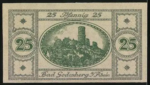 Notgeld Bad Godesberg am Rhein 1920, 25 Pfennig, Gutschein mit Burgruine Motiv