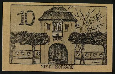 Notgeld Boppard, 1920, 10 Pfennig, Gutschein der Stadt Boppard mit Stadttor Illustration