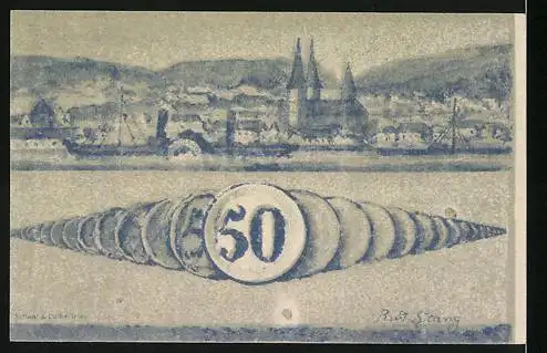 Notgeld Boppard 1920, 50 Pfennig, Stadtansicht und Wappen der Stadt Boppard