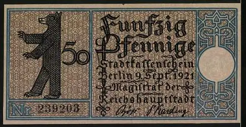 Notgeld Treptow 1920, 50 Pfennig, Gasthaus in Treptow, Bezirkswappen und Berliner Bär