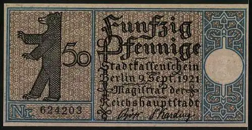 Notgeld Köpenick, 1921, 50 Pfennig, Segelboot und Berliner Bär