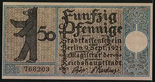 Notgeld Weissensee 1921, 50 Pfennig, Bärensymbol und historische Stadtansicht Weissensee