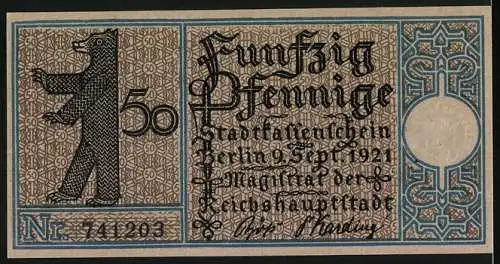 Notgeld Pankow 1921, 50 Pfennig, Gehöft in Pankow um 1770 und Berliner Bär Motiv