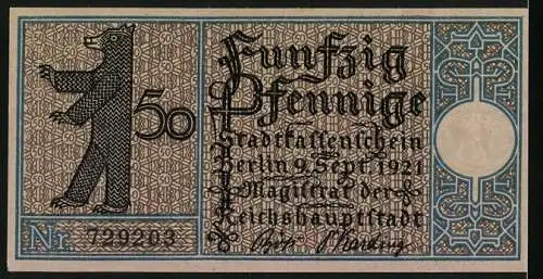 Notgeld Lichtenberg 1921, 50 Pfennig, Dorfansicht mit Kirche und Bärensymbol