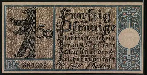 Notgeld Tiergarten 1921, 50 Pfennig, Erstes Dampfschiff der Linie Zelten-Charlottenburg um 1830, Bär und Schriftzug