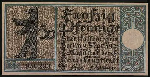 Notgeld Prenzlauer Berg 1921, 50 Pfennig, Illustration von Windmühlen und Bärensymbol