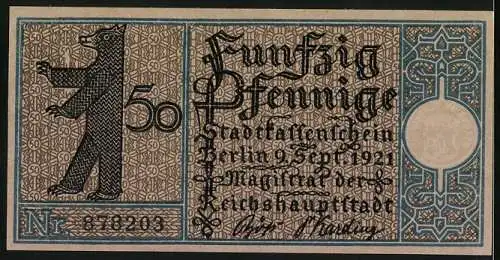 Notgeld Berlin-Wedding 1921, 50 Pfennig, Bezirk 3 mit Gesundbrunnen und Bärensiegel