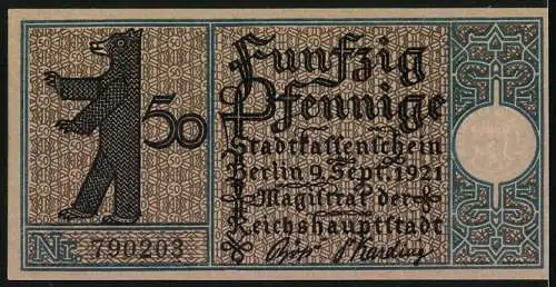Notgeld Kreuzberg 1921, 50 Pfennig, Das Hallesche Tor im Jahre 1845, Berliner Bär