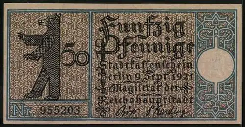 Notgeld Berlin-Friedrichshain, 1921, 50 Pfennig, Überfahrt zum Stralauer Fischzug um 1825, Bär, Seriennummer 955203