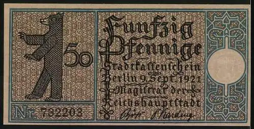 Notgeld Berlin-Zehlendorf, 1921, 50 Pfennig, Kirche von Dahlem und Berliner Bär
