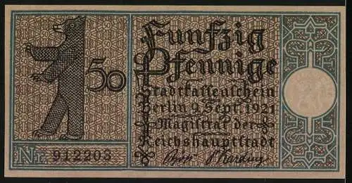 Notgeld Spandau 1921, 50 Pfennig, historische Stadtszene mit Booten und Bärenwappen