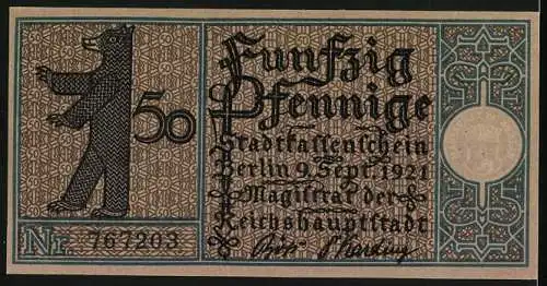 Notgeld Wilmersdorf 1921, 50 Pfennig, Jagdschloss Grunewald und Berliner Bär