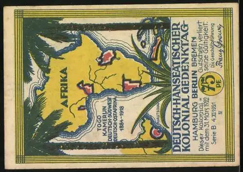 Notgeld Berlin 1922, 75 Pf, Deutsch-Hanseatischer Kolonial Gedenktag mit A. Lüderitz und Afrikakarte