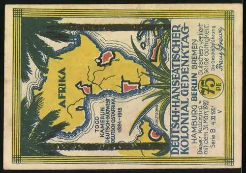 Notgeld Berlin 1922, 75 Pf, v. Wissmann Porträt und Afrika-Karte, Gedenkt unserer Kolonien